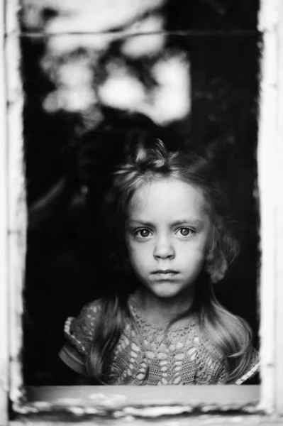 Retrato Psicológico Blanco Negro Detallado Niño Pequeño Través Una Ventana Imagen De Stock