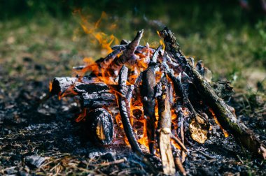 Yeşil soyut arka planda açık yaz kampında odun yakmak. Seyahat ve turizm. Doğal dinlenme zamanı. Alev almış odun. Yemek hazırlamak için yaşam tarzı rahat bir yer. Yanan kömür ve kül
