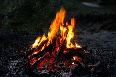 Karanlık bir gecede parlak bir kamp ateşi 
