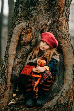 Genç güzel kız ağaçta oturuyor.