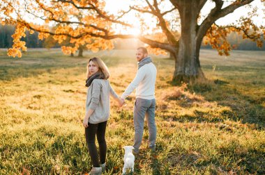Sonbahar tarlasında gün batımında yürüyen ve kucaklaşan genç çift.