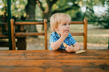 Mavi tişörtlü, mavi şortlu, kısa saçlı beyaz bir çocuk yaz parkında çok vakit geçirir..