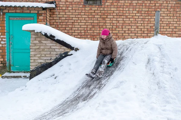 Cheerful Girl Using Plastic Bag Sled Riding Cellar Icey Trek — Stock Photo, Image