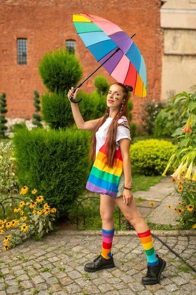 Cheerful Lesbian Lgbt Flag Her Face Holding Rainbow Umbrella Wearing — Stock Photo, Image