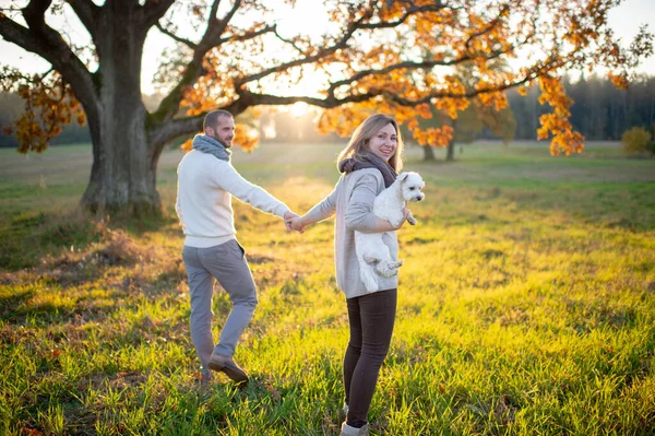 Giovane Coppia Amorevole Che Cammina Abbraccia Nel Campo Autunnale Tramonto — Foto Stock