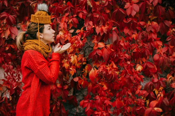 Портрет Молодої Красивої Кавказької Жінки Червоному Светрі Чорні Штани Обійняли — стокове фото