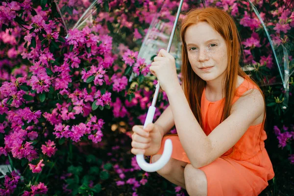 Een Schattig Meisje Een Zomer Jurk Geniet Van Planten Botanische — Stockfoto