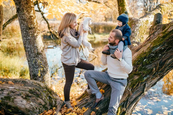 Šťastný Rodinný Pár Jejich Malým Dítětem Podzimním Parku Slunečného Dne — Stock fotografie