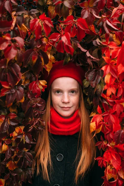 Portret Pozytywnej Piegi Dziewczyny Eleganckim Czerwonym Berecie Szalik Pozowanie Jesiennej — Zdjęcie stockowe