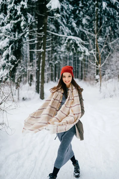 Mladý Atraktivní Hipster Dívka Teplou Šálu Procházky Sněhovém Lese — Stock fotografie