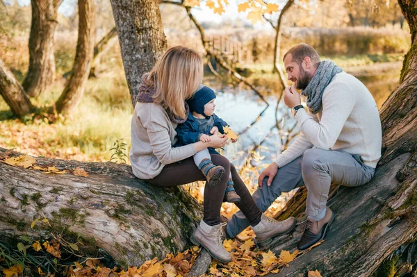 Happy Family Couple Son Little Puppy Autumn Park — Stock Photo, Image