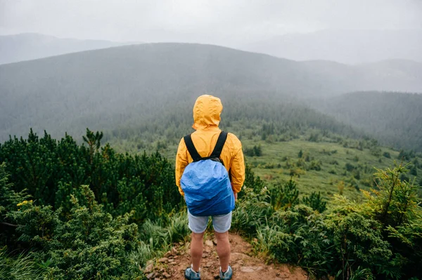 Feliz Hombre Pie Cima Montaña Viajero Disfrutando Naturaleza — Foto de Stock