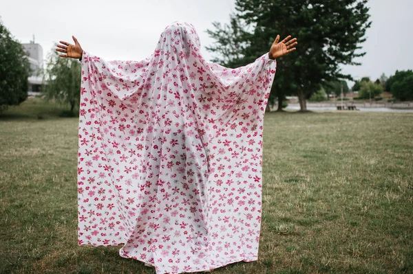 African American Man Covered Ghost Costume Posing Outdoor Autumn Park — Stock Photo, Image