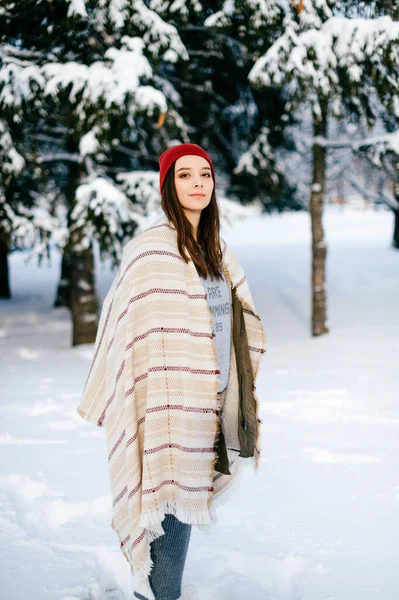 Ung Attraktiv Brunett Flicka Täcker Med Varm Cape Poserar Snön — Stockfoto