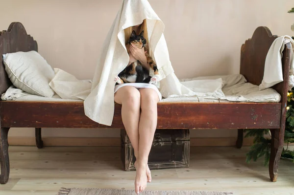 Дивна Смішна Жінка Сидить Ліжку Критою Дівчиною Тримає Прекрасний Кеттен — стокове фото