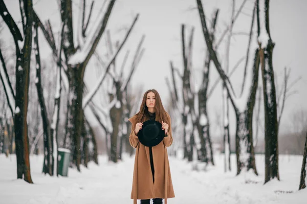 Young Cheerful Girl Brown Stylish Coat Posing Winter Tree Valley — Stock Photo, Image