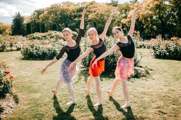 Drei Schöne Ballerinas Mädchen Tanzen Und Balancieren Über Sonnenlicht Sommerpark — Stockfoto