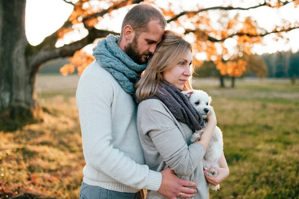 Loving couple with funny pet in field at sunset.