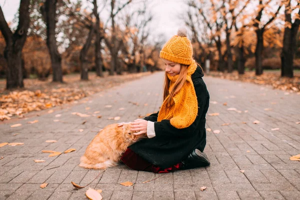 Pequena Menina Sardas Segurando Seu Gato Vermelho Vale Parque Outono — Fotografia de Stock