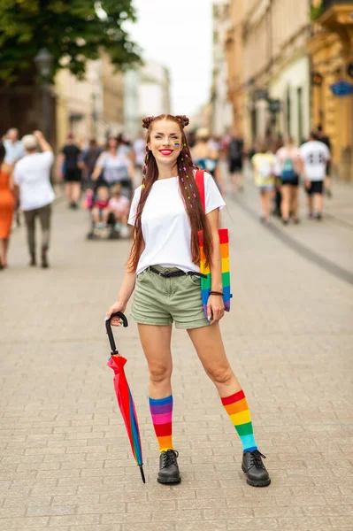 Lifestyle Portrait Lesbian Lgbt Flag Her Face Posing Street — Stock Photo, Image