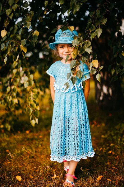 Little Beautiful Girl Long Hair Standing Front Birch Autumn Day — Stockfoto