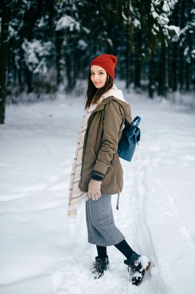 若いです魅力的なブルネット女の子とともに暖かいスカーフと赤い帽子Posingでザ雪の森 — ストック写真