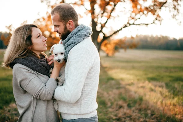 Pareja Romántica Con Divertido Retrato Mascotas Naturaleza — Foto de Stock