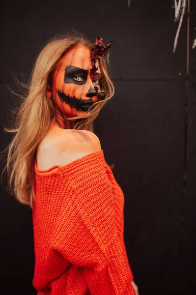 Young Blonde Girl Halloween Face Art Posing Outdoor Helloween Celebration — Stock Photo, Image