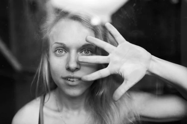 Black White Portrait Lovely Caucasian Young Girl Blue Eyes Fair — Stock Photo, Image