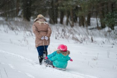 Anne kızıyla birlikte kızağını çekiyor. Kışın doğada karlı bir günde üzerinde oturuyor..