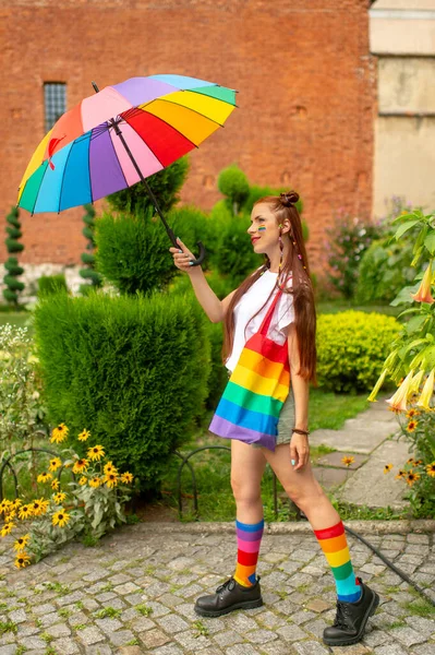 Cheerful Lesbian Lgbt Flag Her Face Holding Rainbow Umbrella Wearing — Stock Photo, Image
