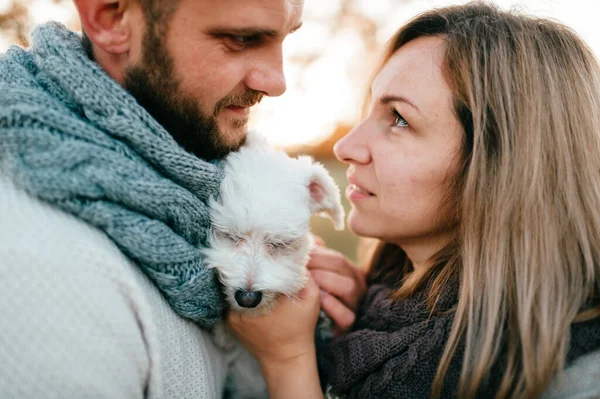 一对浪漫的夫妇 带着滑稽的宠物肖像画 — 图库照片