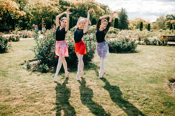 Три Красивые Балерины Девушки Танцуют Балансируют Солнце Свет Летнем Парке — стоковое фото