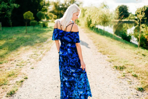 Menina Loira Bonita Posando Natureza Vestido Azul — Fotografia de Stock