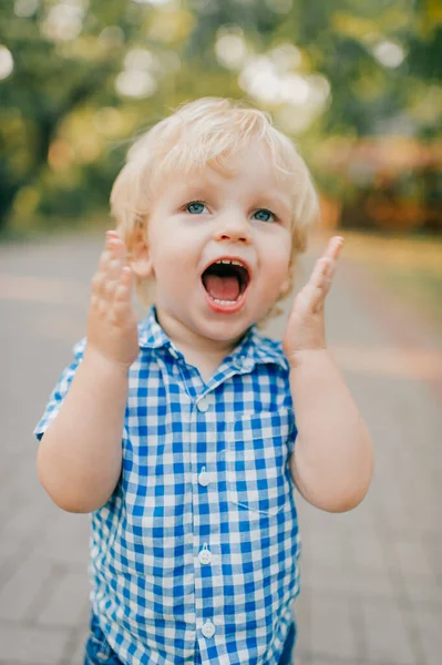 Liten Vacker Kaukasisk Pojke Med Kort Ljust Hår Blå Skjorta — Stockfoto
