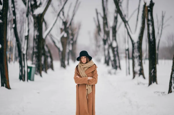 Junges Fröhliches Mädchen Braunem Stylischem Mantel Posiert Winterbaumtal — Stockfoto
