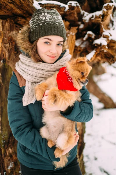 Joven Chica Positiva Ropa Invierno Sosteniendo Las Manos Adorable Cachorro —  Fotos de Stock