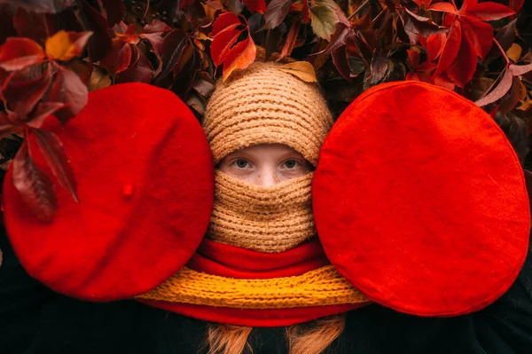 Portrait Strange Girl Covered Three Scarves Holding Two Red Berets — Stock Photo, Image