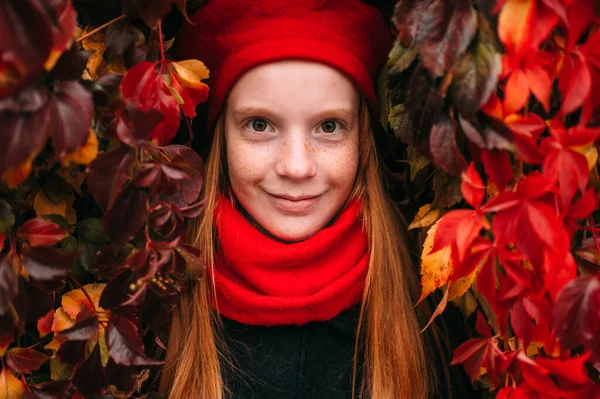Retrato Sardas Positivo Menina Elegante Boina Vermelha Cachecol Posando Outono — Fotografia de Stock