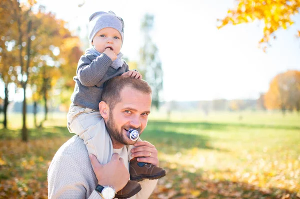 젖꼭지달린 공원에서 아이를 어깨에 아버지 — 스톡 사진