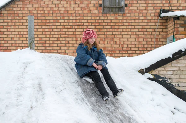 Cheerful Girl Using Plastic Bag Sled Riding Cellar Icey Trek — Stock Photo, Image