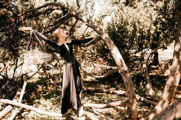 Jovem Bela Bailarina Vestido Preto Vintage Com Véu Posando Entre — Fotografia de Stock