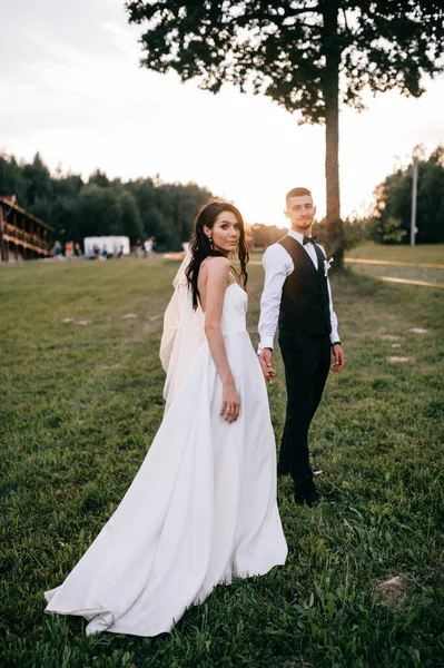 Beau Portrait Extérieur Couple Mariage Jeune Jolie Mariée Étreignant Marié — Photo