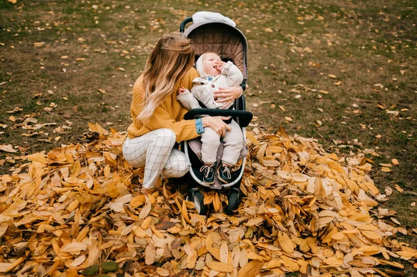 머리의 귀여운 가을에 밖에서 유모차에 입술을 엄마가 나뭇잎에 앉아서 — 스톡 사진