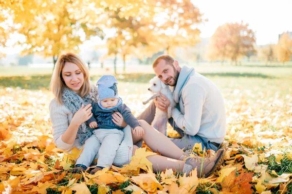 Šťastná Rodina Svým Miminkem Venkovní Portrét Podzimním Parku — Stock fotografie