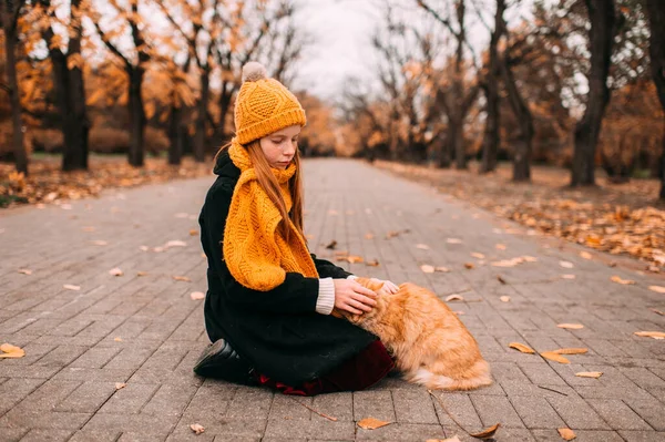 Düşünceli Çilli Kız Evcil Hayvanını Okşuyor Sonbahar Parkında Yerde Kırmızı — Stok fotoğraf