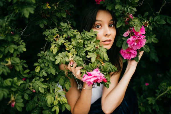 Mladá Krásná Bruneta Tmavýma Očima Nálada Portrét Venkovní Keřích Růží — Stock fotografie