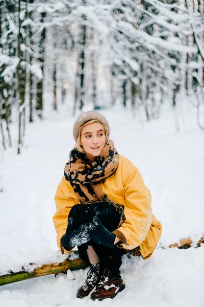 Junges Stylisches Hipstermädchen Gelber Jacke Sitzt Auf Dem Holz Schneewald — Stockfoto