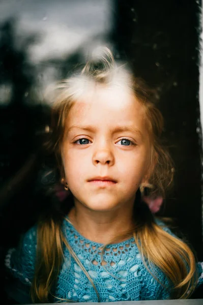 Portrait Self Isolated Home Quarantine Little Missing Girl Looking Out — Stock Photo, Image