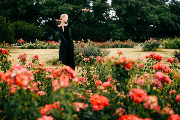 若いですバレリーナで黒ドレスポーズとショーバレエポーズで夏公園 — ストック写真